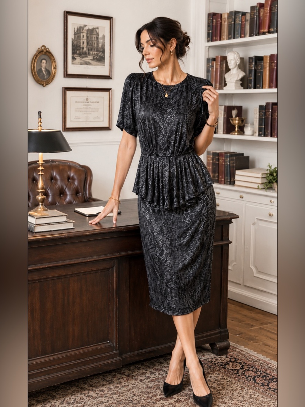 Vintage Bruce Wayne Classic snakeskin Peplum Midi dress